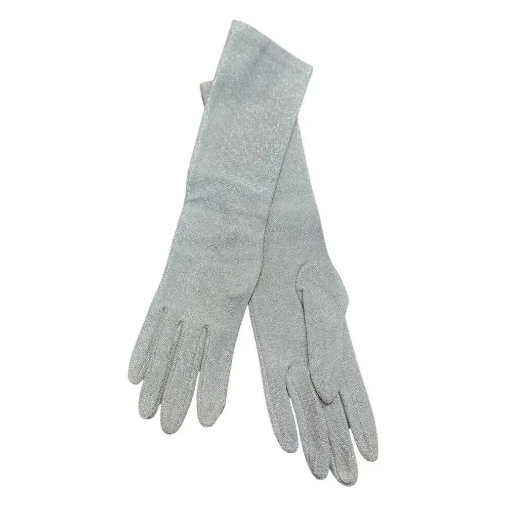 Silver Glitter Long Stretch Gloves Foral Prom Wedding